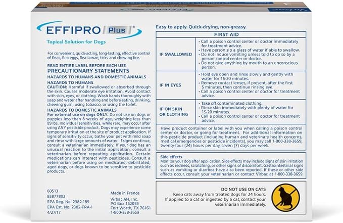 EFFIPRO PLUS Topical Solution for Dogs - Waterproof Dog Flea and Tick Treatment for X-Large Dogs (89-132lbs) 3 Doses by Virbac