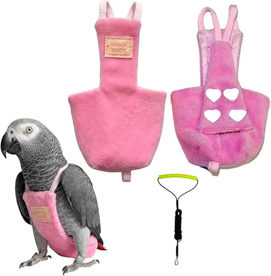 Adjustable Bird Diaper Parrot Clothes Flight Suite, Reusable Parrot Nappy with Waterproof Inner Layer, Warm Bird Urine Wet Suit Costume for Conure African Grey Quaker (Pink, with Leash,2XL)