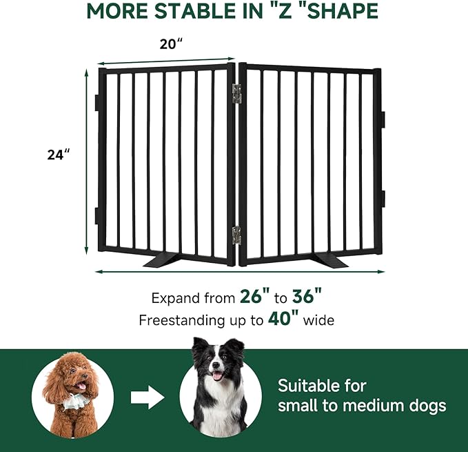 Snagle Paw Full Metal Freestanding Dog Gate,Indoor Dog Gate with Floor Protect Support Feet, 40x24Inches Foldable Dogs Barrier for Stairs, Hallways and Doorways (24'' H 2 Panel, Black)