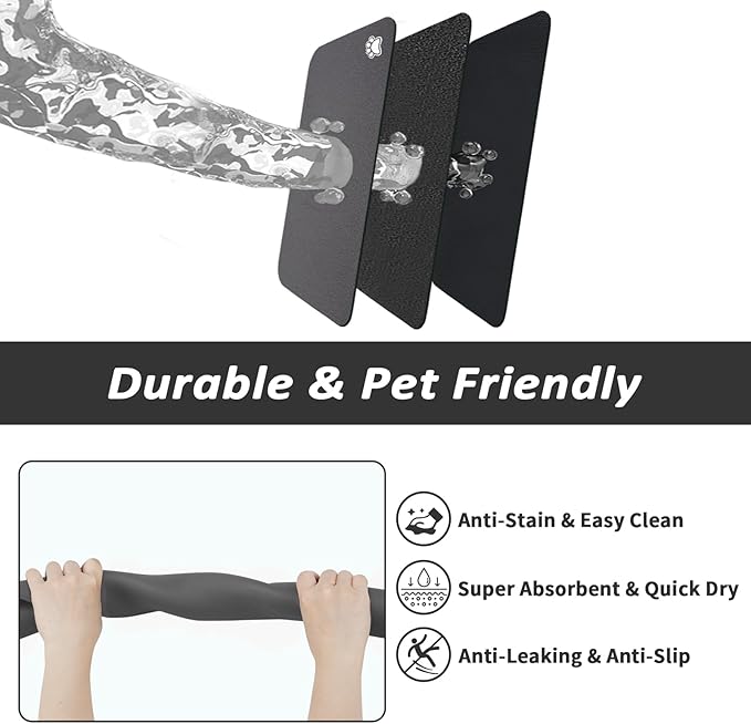 HotLive Dog Food Mat - Absorbent Cat Mat for Food and Water, No Stains Pet Feeding Bowl Mat, Easy to Clean Pet Placemats, Quick Dry Dog Water Dispenser Mat for Messy Drinkers | Paw Dark Grey 24"x 36"