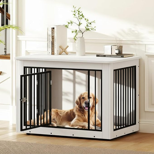 DWVO Dog Crate Furniture, 38 Inch Dog Kennel Indoor Furniture End Table for Dogs, Farmhouse Decorative Wooden Cage, Chew-Resistant, White