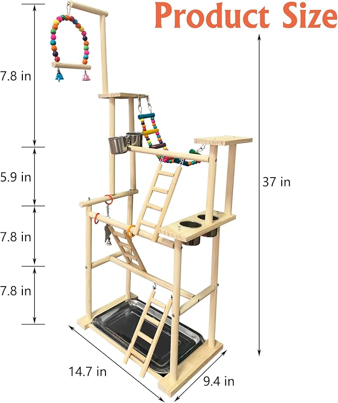Hamiledyi Natural Wood Bird Playground Stand with 4 Large Layers - Exercise Perch and Wooden Foraging Puzzle Toys
