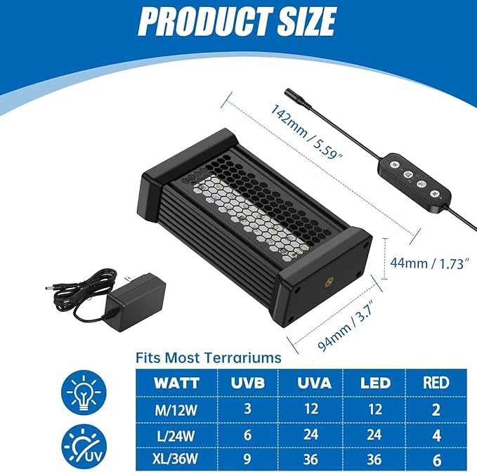Reptile UVB Light & Heater Lamp, 5inch Aluminum UVA UVB LEDfor Rainforest and Desert Reptiles, Geckos, Chameleons and Bearded Dragons, Adjustable 6/10/12H Timer, Dimmable with 3 Lighting Modes
