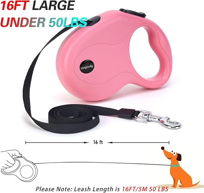 enrgticdg 16Ft Retractable Dog Leash,Light Weight Leash for Small to Medium Dogs/Cats Up to 50lbs,Stainless Steel Spring Strong Nylon Tape, Tangle Free, One-Handed Brake.(Pink)