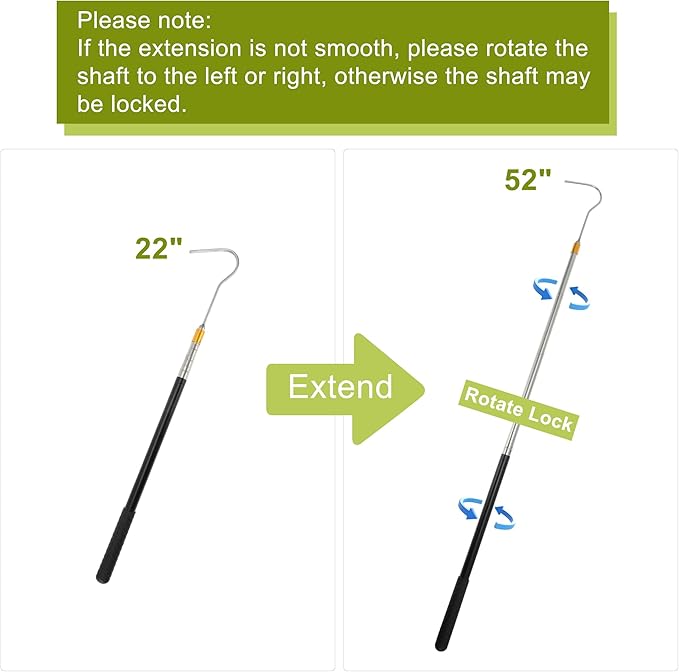 52" Snake Hook, Retractable Snake Catcher, Snake Stick, Snake Grabber Tool, Reaching Tool for Rattlesnakes Python Copperhead Removal Catching, Black