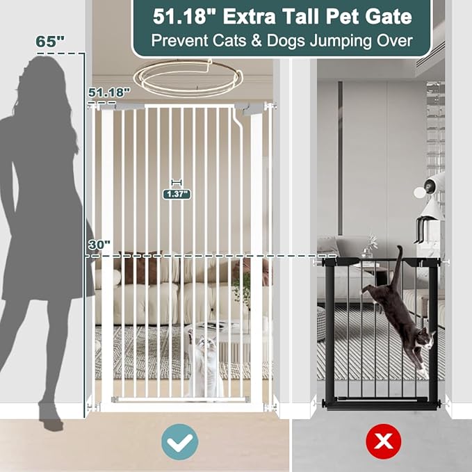 51.18" Tall Extra Tall Pet Gate Dog Door, Auto Close Safety Gates for Kitchen Living Room Doorways Hallway,Indoor Pet Gates for Dogs or Cats(Black) (White, 29.6-40.5")