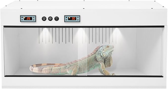Reptile Breeding Box, Dual-Zone Temperature Controlled Terrarium Precision Thermostat Large PVC Glass Habitat with 3 E27 Lighting Heating Enclosure for Reptile Incubation Daily Feeding Display (White)