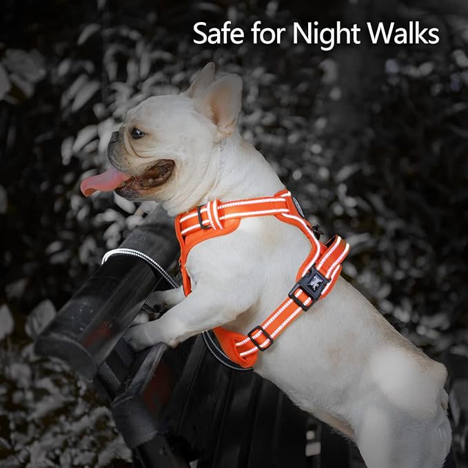 PoyPet No Pull Dog Harness, No Choke Reflective Dog Vest, Adjustable Pet Harnesses with Easy Control Padded Handle for Small Medium Large Dogs(Orange Matching Trim,L)