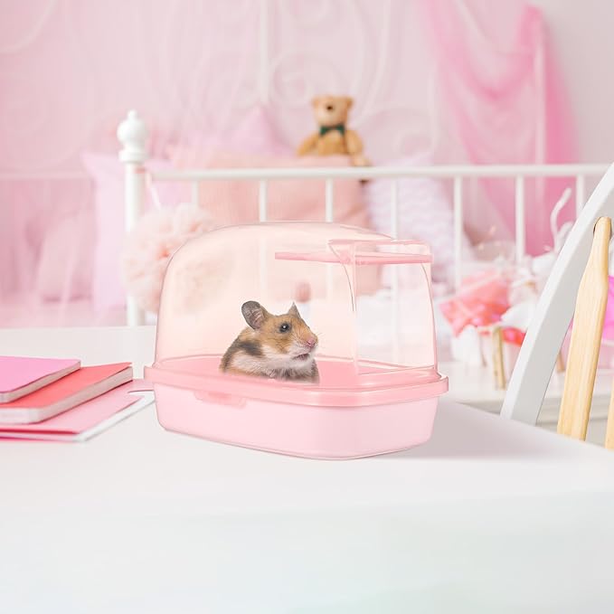 Kisangel Chinchilla Dust Bath House Pink Plastic Sand Bath Container for Small Animals Indoor Habitat Decor 9X6X6 Inches