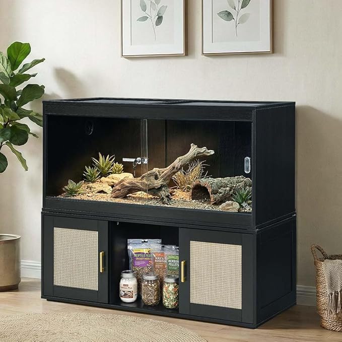 Reptile Tank Stand for Unipaws 110 Gallon Reptile Tank, Furniture Style Terrarium Stand with Storage Cabinet, Heavy Duty Black Table for Reptile Habitats