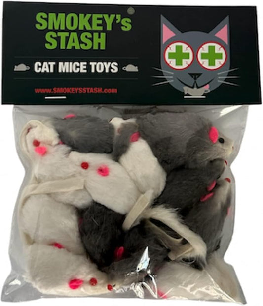 Smokey's Stash Rabbit Fur Mouse Cat Toy 12 per Pack White and Gray Fuzzy Toys for Cats with Rattle Realistic Fake mice (12) by Smokeysstash