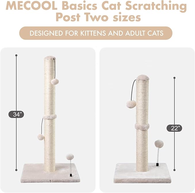 MECOOL 34” Tall Cat Scratching Post Premium Basics Kitten Scratcher Sisal Scratch Posts Trees with Hanging Ball for Indoor Cats, Beige - Image 6