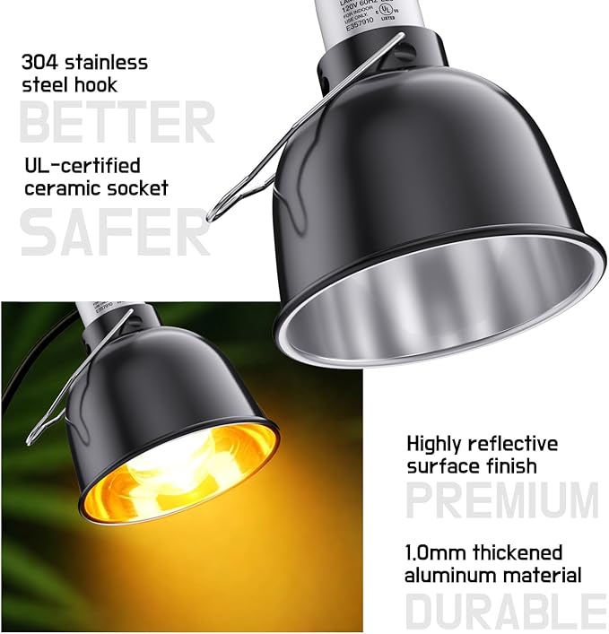 MRREPTILE Reptile Light Fixture – 5.5'' Deep Dome Lamp with Ceramic Socket – Dual Use for Heat Emitter & Basking Bulbs & UVB Bulbs – Ideal for Bearded Dragon, Snake, Chameleon, Turtle & Terrarium