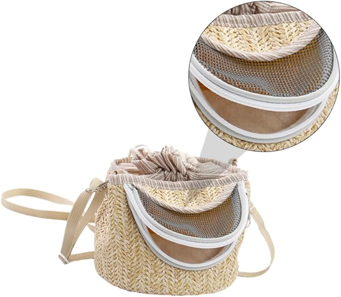 Pets Go Out Backpack for Small Animals Breathable Hamster Carrier with Ventilated Gauze Stylish Straw-Woven Design for Comfortable Travel and Outdoor Adventures