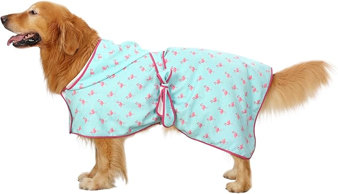 HDE Dog Bathrobe Super Absorbent Quick Drying Puppy Towel Wrap Coat Adjustable After Bath Robes with Hood for Dog Sizes S-XXL Flamingos XXL