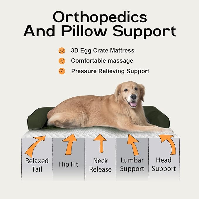 Dog Bed Large Sized Dogs - Orthopedic Waterproof Bed for Dogs, Large Dog Beds with Washable Removable Cover & Non-Slip Bottom - Outpost Olive