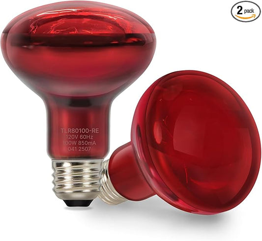 ALAMPEVER 2 Pack Red Heat Lamp Bulb, 100 Watt Infrared Light Bulb for Bearded Dragon, E26 Base, Durable Reptile Heat Bulb for Amphibian, Lizard, Tortoise, Gecko