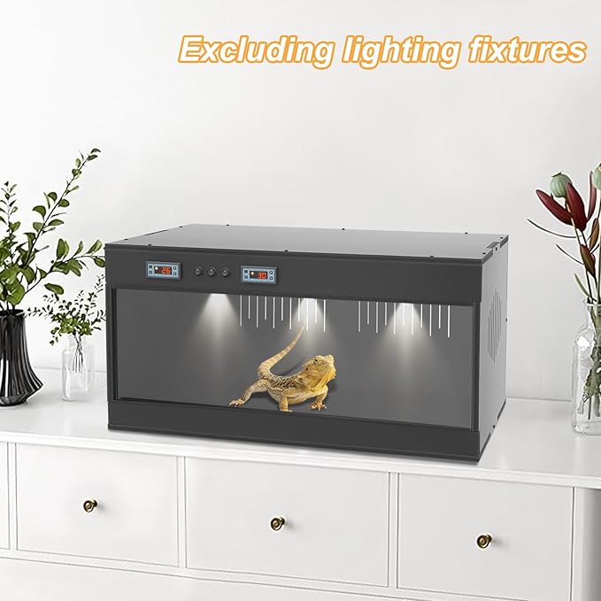 Reptile Breeding Box, Dual-Zone Temperature Controlled Terrarium Precision Thermostat Large PVC Glass Habitat with 3 E27 Lighting Heating Enclosure for Reptile Incubation Daily Feeding Display (Black)