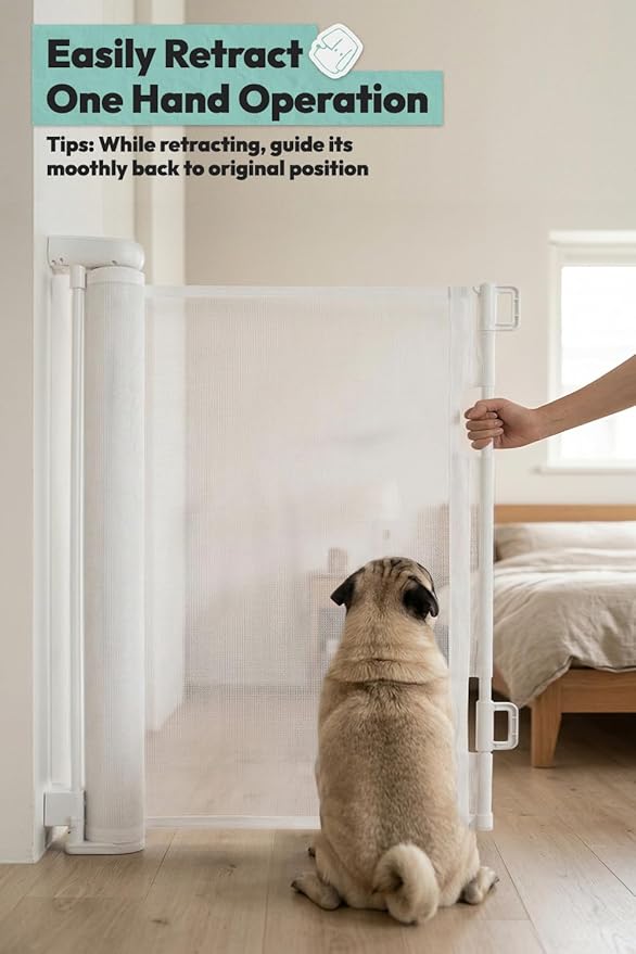 15.7" H Mesh Short Dog Gate, Extends Up to 59" W Retractable Pet Gate with Drill Installation, Small Dog Gate for Stairs, Easy Step Over Low Puppy Gate for Doorways Indoor Outdoor, White
