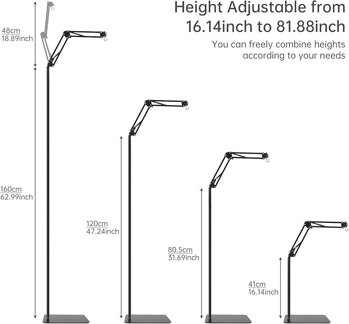 RTNLIT Reptile Lamp Stand Reptile Heat Light Stand (16.14" to 81.88") with 360° Adjustable Swing Arm, Metal Bracket Floor Light Holder for Reptile Terrarium Lighting Heating Light and Dome lampshade