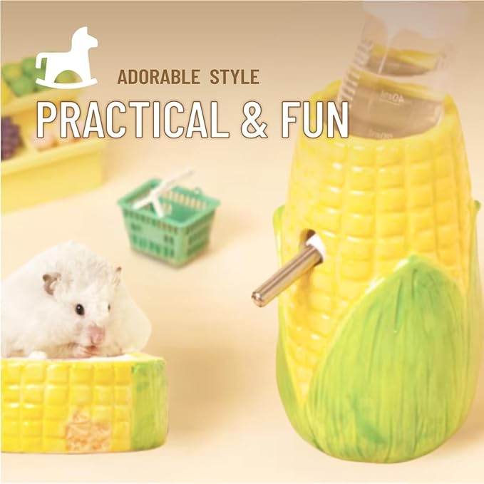 Corn Ceramic Hamster Water Bottle Stand with Food Bowl, Syrian, Gerbil, mice Water Bottles with Holder Water Feeder for Small Animals, Hamster Cage Accessories