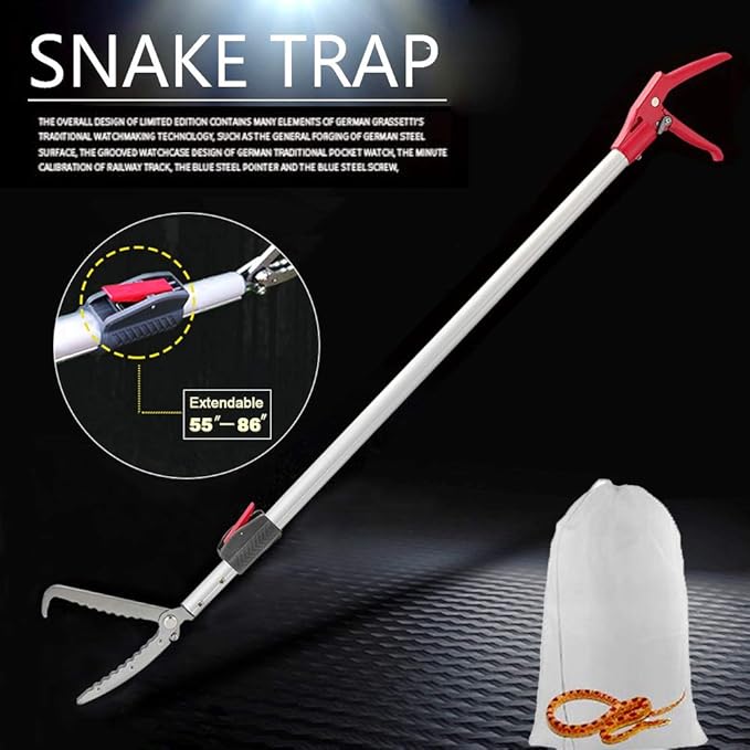 Extendable Snake Tong Reptile Grabber Rattle Snake Catcher Wide Jaw Handling Tool with Lock and Comfortable Grip(Include Snake Bag) (86 inches Extendable Snake Tong)