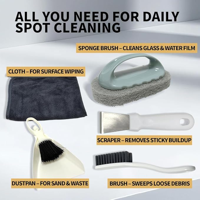 Bearded Dragon Tank Cleaning Kit – Reptile Enclosure Tool Set with Mini Dustpan, Brush, Scraper & Cleaning Cloth for Lizard & Gecko Terrarium Maintenance