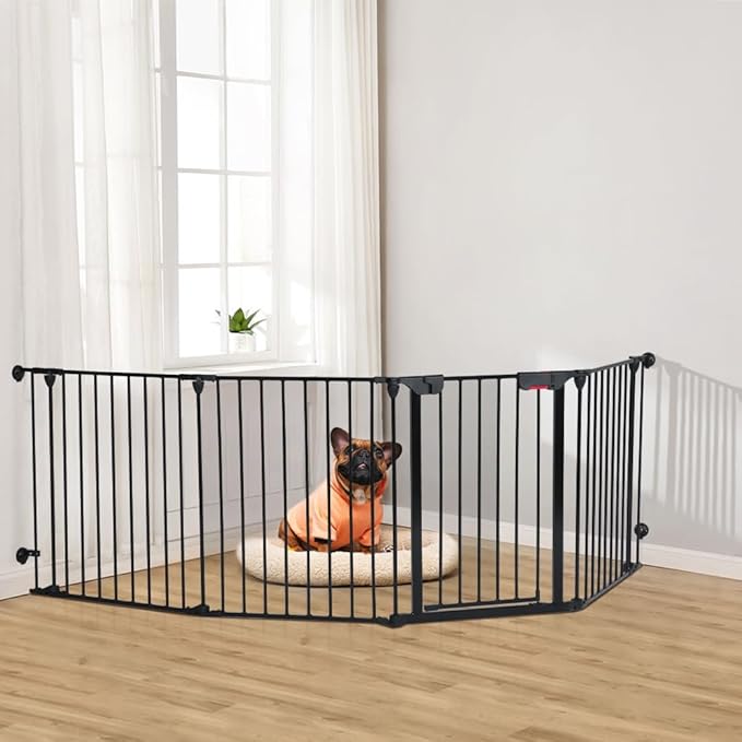 AGESISI Freestanding Dog Gates with Door Walk Through, Extra Wide Doggy Door 100" W x 29" H Pet Gate Safty 4 Panels Dog Fence for Stairs, Doorways