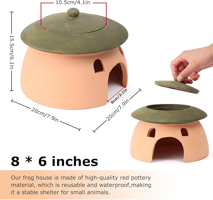 Terracotta Reptile Cave with Green Lid - 8 * 6 Inches Hiding Place for Toad, Frog, Turtle, Lizard
