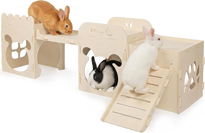 Extra Large Rabbit Castle, Wooden Bunny House & Training Bridge, Detachable Rabbit Hideaway, Indoor Hamster Castle with Ramp, Small Animal Houses & Habitats for Guinea Pig Chinchilla Ferret(2+1 House)
