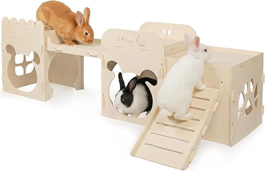 Extra Large Rabbit Castle, Wooden Bunny House & Training Bridge, Detachable Rabbit Hideaway, Indoor Hamster Castle with Ramp, Small Animal Houses & Habitats for Guinea Pig Chinchilla Ferret(2+1 House)