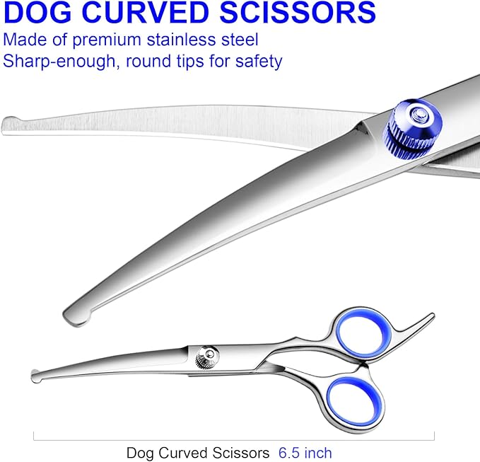 FAIGEO Professional Dog Grooming Scissors Kit, Titanium Coated Dog Scissors for Grooming, Grooming Shears Kit - Straight,Thinning, Curved Scissors and Comb for Dog Cat Pet (Blue 5 in 1)