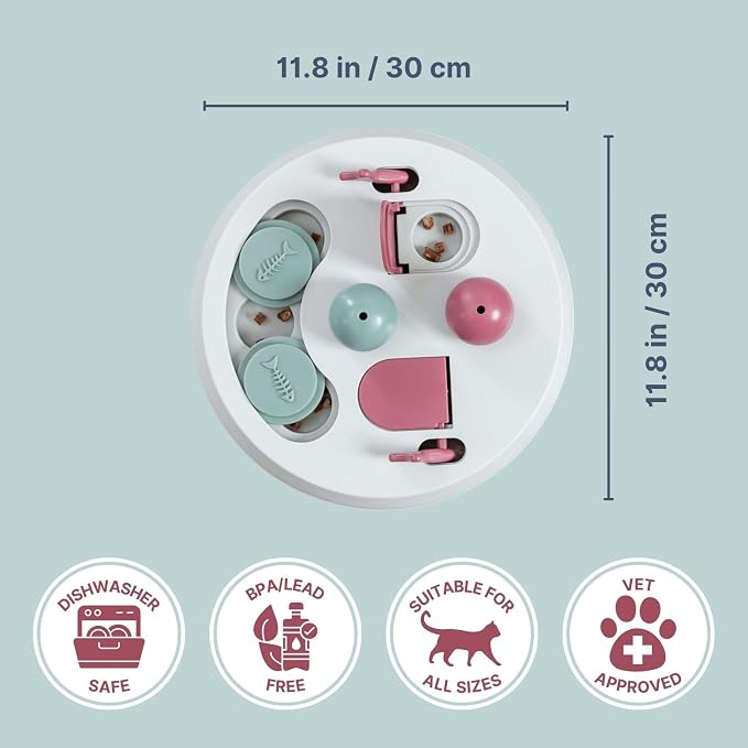 Trixie Cat Activity Flip Board ?€? 4-Module Treat Puzzle Enrichment Toy for Mental Stimulation & Slow Feeding ?€? Interactive Cat Toy for Indoor Cats ?€? Berry/Gray, 9 x 9 x 2.5 in - Image 4