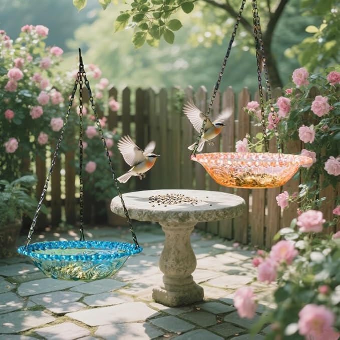 Hanging Bird Baths & Feeders for Outdoors, Bird Water Bowl and Seed Trays Set Feeders for Outside, Garden, Patio Lawn Yard Decor Blue & Pink (2)