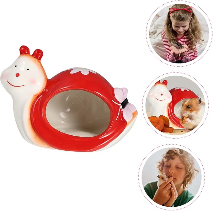 DOITOOL Ceramic Hamster Hideout, Adorable Cartoon Snail Shape Hamster House Cave, Chinchilla Hideout Small Animal Hideout Hut Cave Cage Accessories (Red and White)
