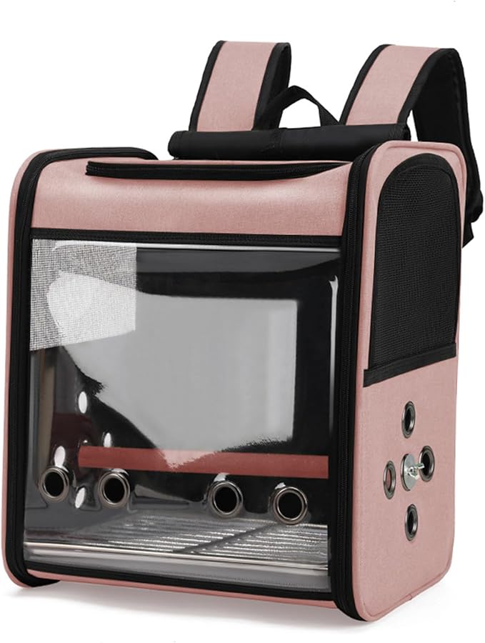 Bird Stroller Bird Backpack Carrier with Perch 14 * 11 * 16in Panoramic View with 3 Side Vents Removable Tray for Conures Parakeet Budgie (Pink)