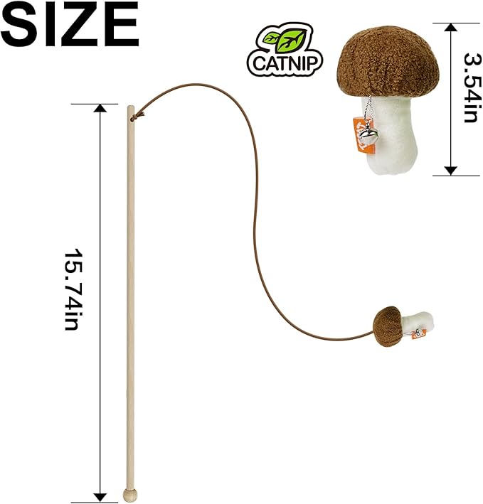 TTcat Natural Wooden Cat Wand Toy with Catnip Plush Mushroom, Thick Unbreakable Rope Interactive Cat Teaser Stick with Bell, Indoor Kitten Boredom Relief Hunting Play Toy for Cats. - Image 2
