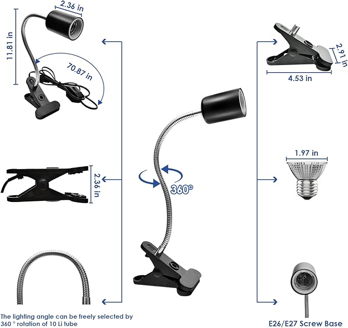 Techsea Reptile Heat Lamp with 360° Rotatable Clips, UVA + UVB Spectrum, 2 Light Bulbs (Black-1 Pack)