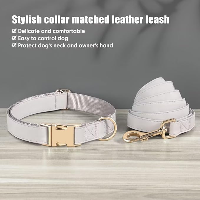 PET ARTIST Soft PU Leather Dog Collar and Leash Set, Bright & Stylish 5FT PU Leather Leash and Collar Set, Durable Pet Collars with Quick Release Metal Buckle for Large Dogs,Gray,L(16-27")