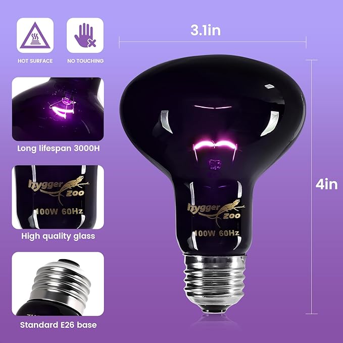 75W Reptile Night Light Bulb – 2-Pack Moonlight Purple Glow, Gentle Heat & UVA for Nocturnal Basking, E26 Base, Perfect for Bearded Dragon, Lizard, Turtle, Chicken