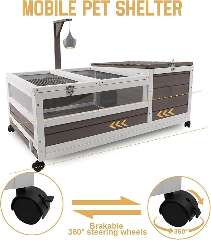 PetsCosset Tortoise Habitat Cage on Wheels with Lamp Stand & Pull-Out Waterproof Tray – Large Wooden Tortoise House, Indoor & Outdoor Reptile Enclosure 78" L x 23" W x 14" H Double Habitat