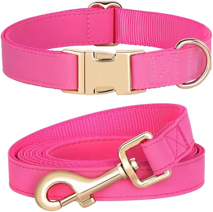 PET ARTIST Soft PU Leather Dog Collar and Leash Set, Bright & Stylish 5FT PU Leather Leash and Collar Set, Durable Pet Collars with Quick Release Metal Buckle for Small Dogs,Hot Pink,S(9"-14")