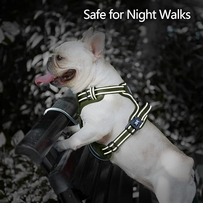 PoyPet No Pull Dog Harness, No Choke Reflective Dog Vest, Adjustable Pet Harnesses with Easy Control Padded Handle for Small Medium Large Dogs(Military Green,L)