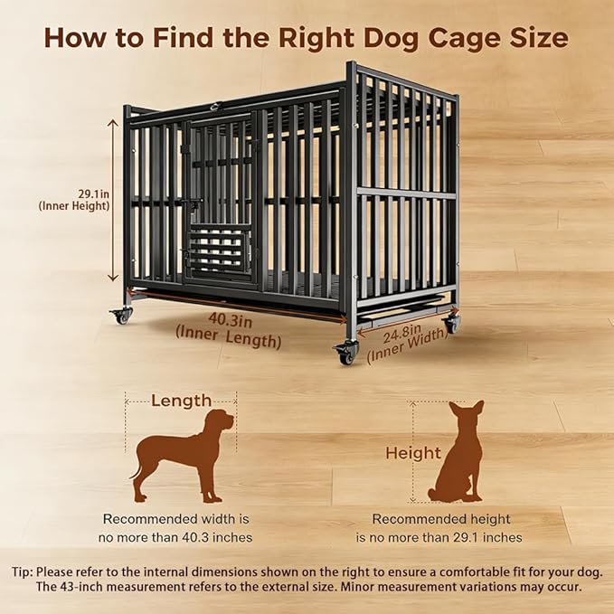 Heavy Duty Dog Crate, Escape-Proof Indestructible Cage for High-Anxiety Dogs, 3-Door Kennel with 4 Lockable Wheels and 2 Removable Trays Ideal for Large & Medium Breeds (43 Inch)