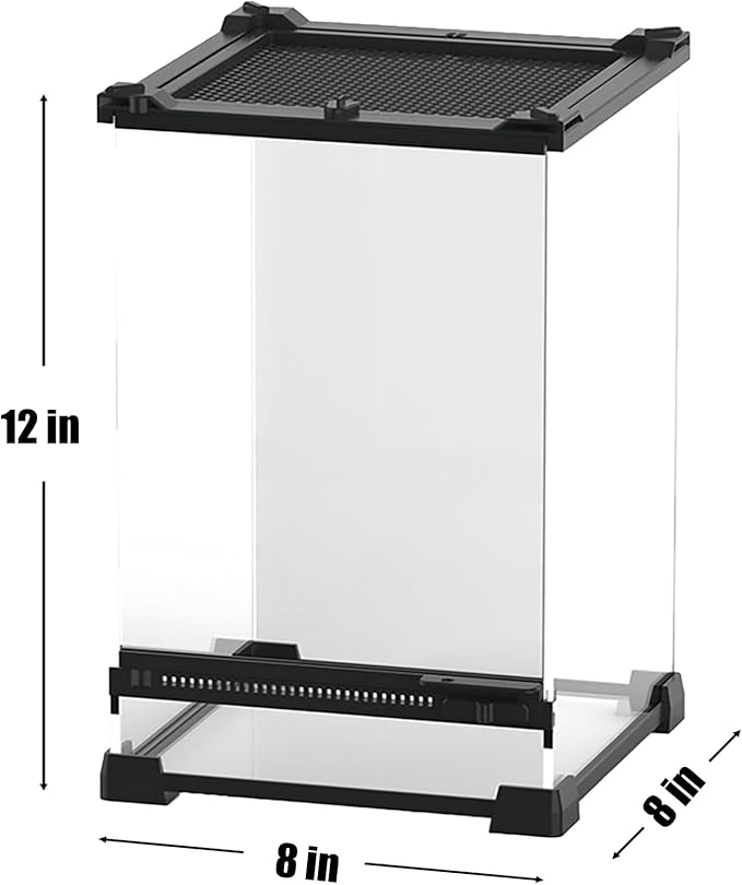 Woyrise Reptile Terrarium 8"x8"x12" Mini, Front-Opening Glass Tank with Mesh Lid & Escape-Proof Locks, 360° Vertical Enclosure with Gap Sealing Strip for Small Geckos, Frogs, Tarantulas, Lizards