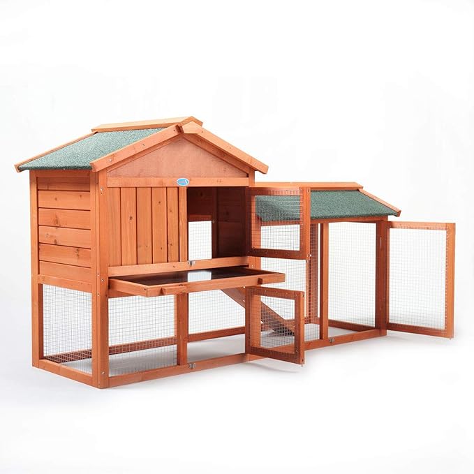 Sandinrayli 2-Tier Outdoor Wooden Rabbit Chicken Pet Hutch House with Run, Elevated Retreat, Ramp, Door (Orange)