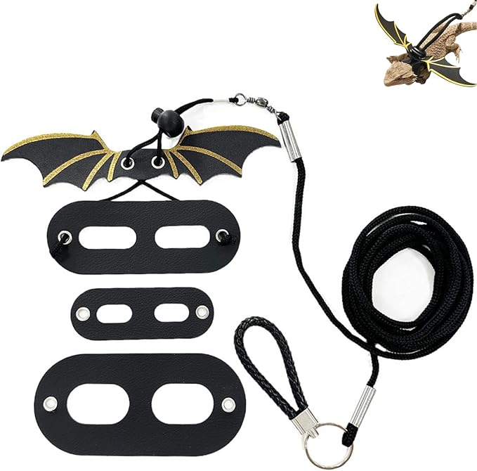 Bearded Dragon Lizard Harness Leash Set, Adjustable Reptile Lizard Leashes with Colorful Soft Leather Dinosaur Wing for Lizards, Geckos, Chameleon Bearded Dragon Decor Suit for Outdoor Travel-Black