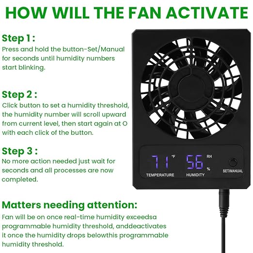 Reptile Ventilation Fan, LED Digital Thermometer and Humidity Gauge Dehumidifier for Pet Rearing Box Reptile Tank, with Humidity Sensor, for Humid Environments, Rainfo-Rest and Ecological Tanks
