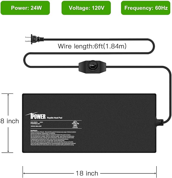 iPower 8x18 Inch Reptile Heating Pad with Adjustable Controller Knob, Under Tank Heater Mat for Turtles, Lizards, Snakes, Amphibians & Small Pets, 2 Pack