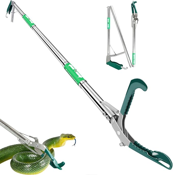 50 Inch Collapsible Snake Tongs, Heavy Duty Rust Proof Stainless Steel Snake Grabber Tool with Non-Slip Rubber Coated Jaw & Handle, 3-Section Folding Reptile Catcher for Catching & Wildlife Handling